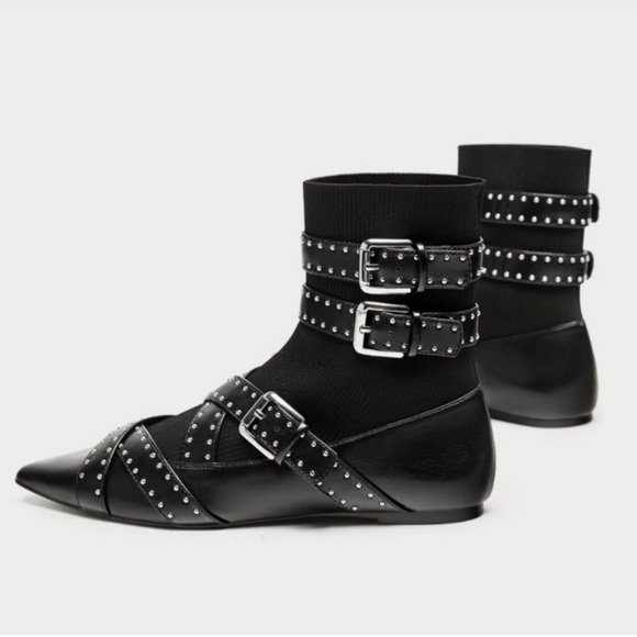 Zara Vegan Buckled Studded Sock Ankle Boot - Picture 6 of 8